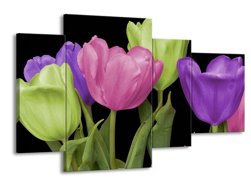 Canvas schilderij Tulpen | Paars, Groen, Roze | 120x75cm 4Luik
