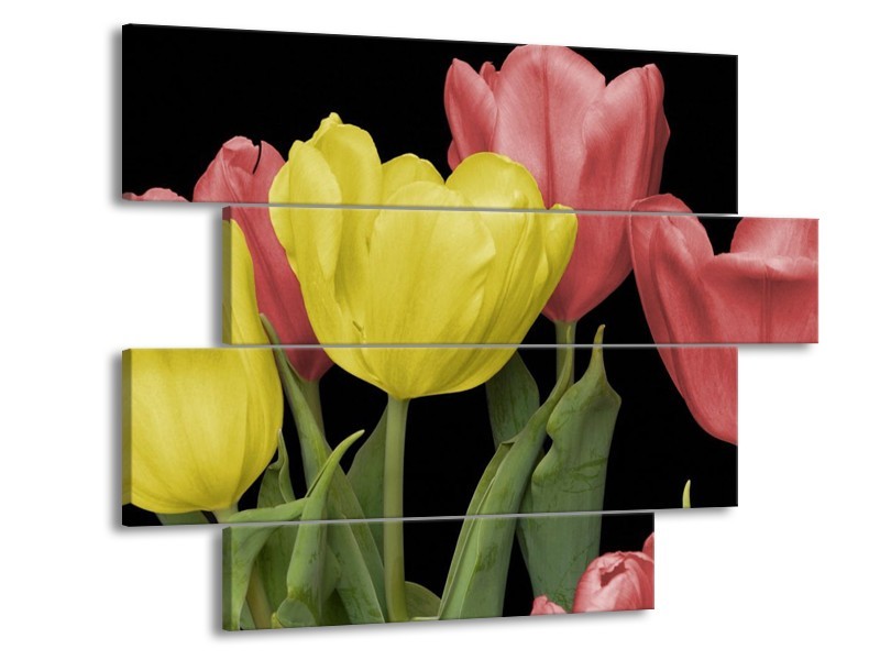Canvas schilderij Tulpen | Geel, Rood, Zwart | 115x85cm 4Luik