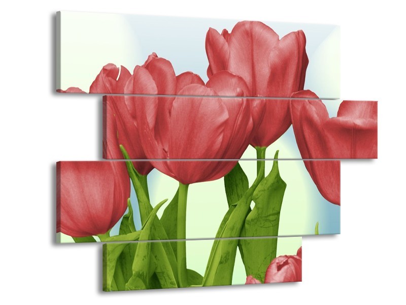 Canvas schilderij Tulpen | Rood, Groen, Blauw | 115x85cm 4Luik