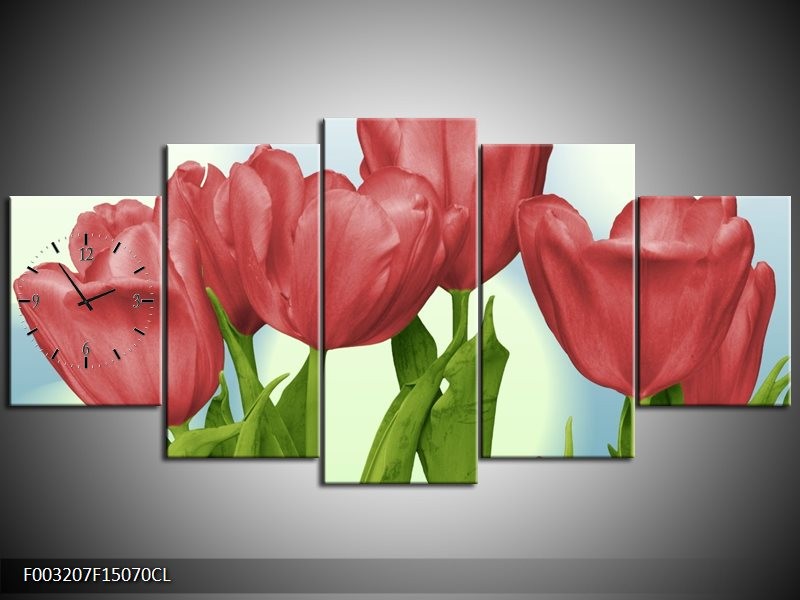 Klok schilderij Tulpen | Rood, Groen, Blauw | 150x70cm 5Luik