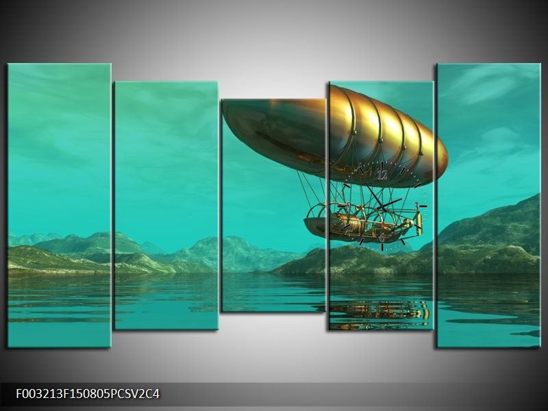 Klok schilderij Abstract | Blauw, Groen, Geel | 150x80cm 5Luik