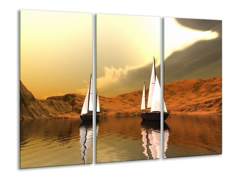 Canvas schilderij Zeilboot | Bruin, Wit, Grijs | 120x80cm 3Luik