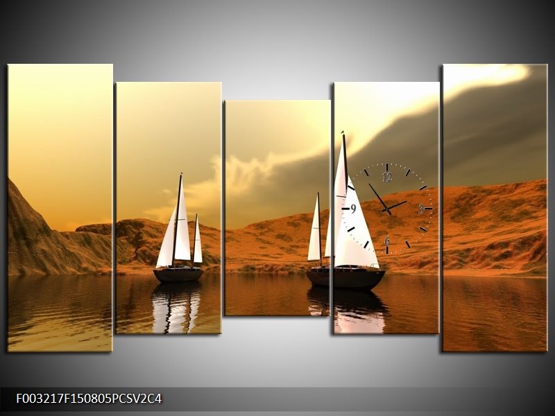 Klok schilderij Zeilboot | Bruin, Wit, Grijs | 150x80cm 5Luik