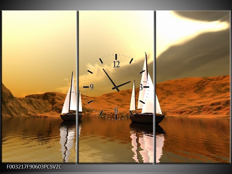 Klok schilderij Zeilboot | Bruin, Wit, Grijs | 90x60cm 3Luik