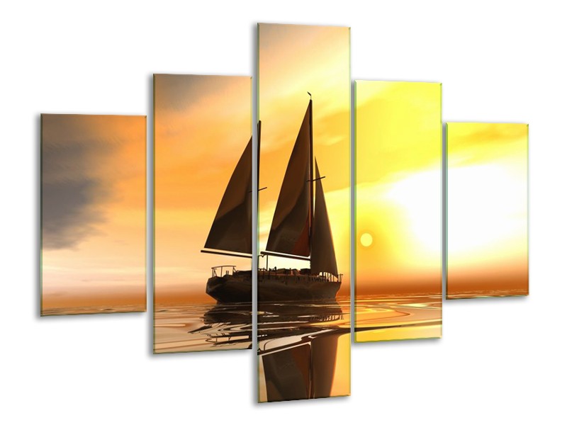 Glas schilderij Zeilboot | Geel, Bruin, Wit | 100x70cm 5Luik