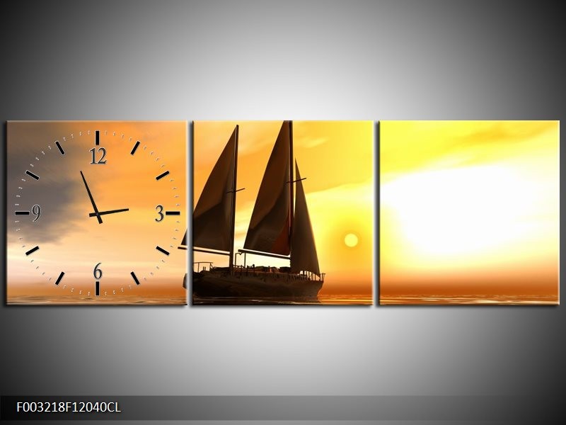 Klok schilderij Zeilboot | Geel, Bruin, Wit | 120x40cm 3Luik