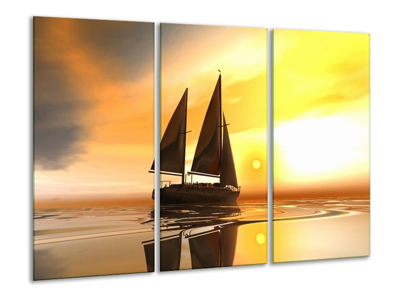 Canvas schilderij Zeilboot | Geel, Bruin, Wit | 120x80cm 3Luik