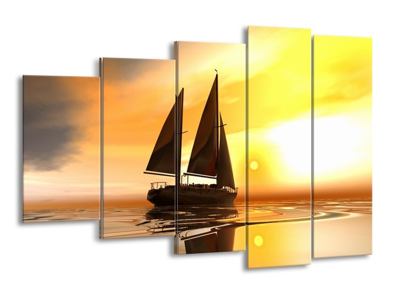 Glas schilderij Zeilboot | Geel, Bruin, Wit | 150x100cm 5Luik