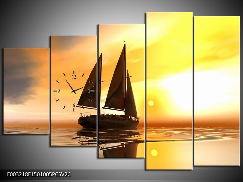 Klok schilderij Zeilboot | Geel, Bruin, Wit | 150x100cm 5Luik