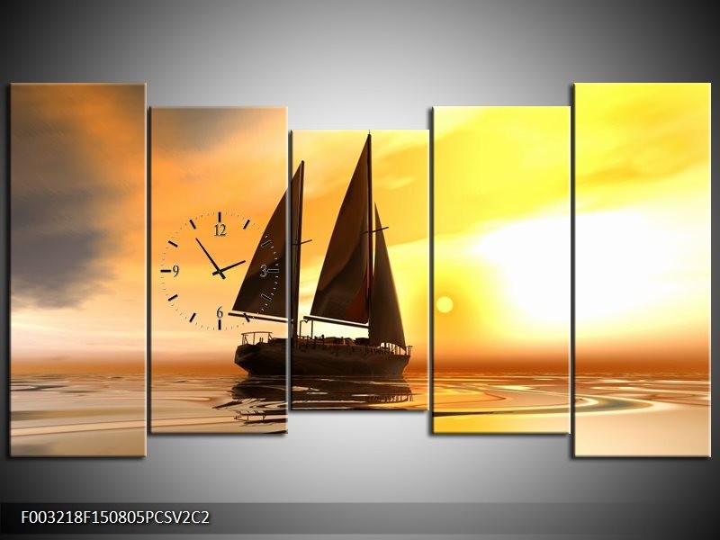 Klok schilderij Zeilboot | Geel, Bruin, Wit | 150x80cm 5Luik