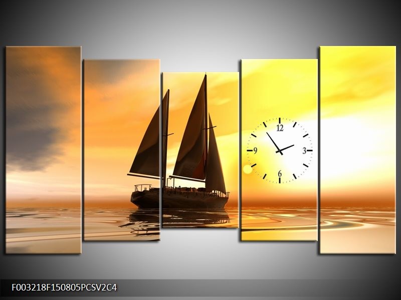 Klok schilderij Zeilboot | Geel, Bruin, Wit | 150x80cm 5Luik