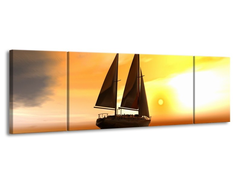Glas schilderij Zeilboot | Geel, Bruin, Wit | 170x50cm 3Luik