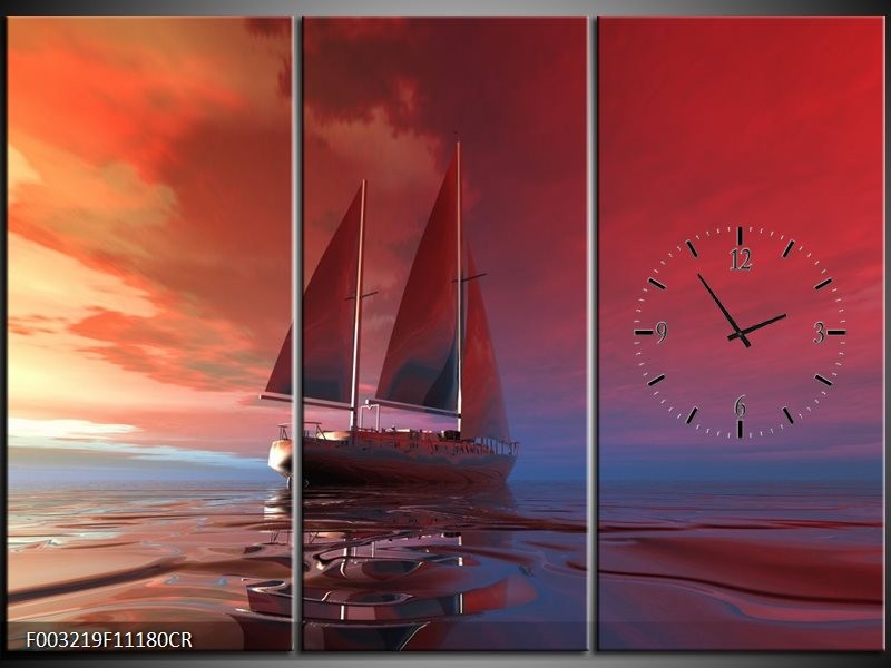 Klok schilderij Zeilboot | Rood, Blauw, Geel | 111x80cm 3Luik