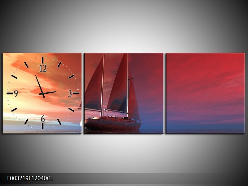 Klok schilderij Zeilboot | Rood, Blauw, Geel | 120x40cm 3Luik
