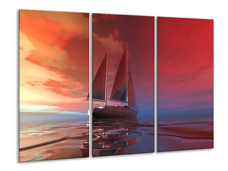 Canvas schilderij Zeilboot | Rood, Blauw, Geel | 120x80cm 3Luik