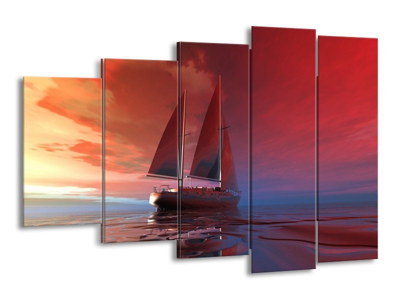Canvas schilderij Zeilboot | Rood, Blauw, Geel | 150x100cm 5Luik