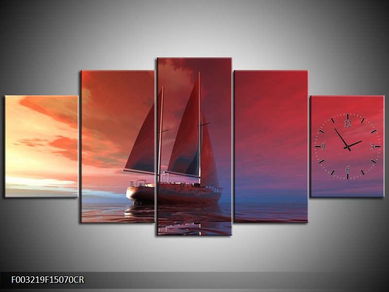 Klok schilderij Zeilboot | Rood, Blauw, Geel | 150x70cm 5Luik