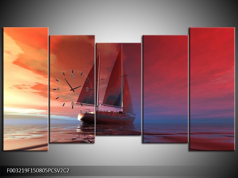Klok schilderij Zeilboot | Rood, Blauw, Geel | 150x80cm 5Luik