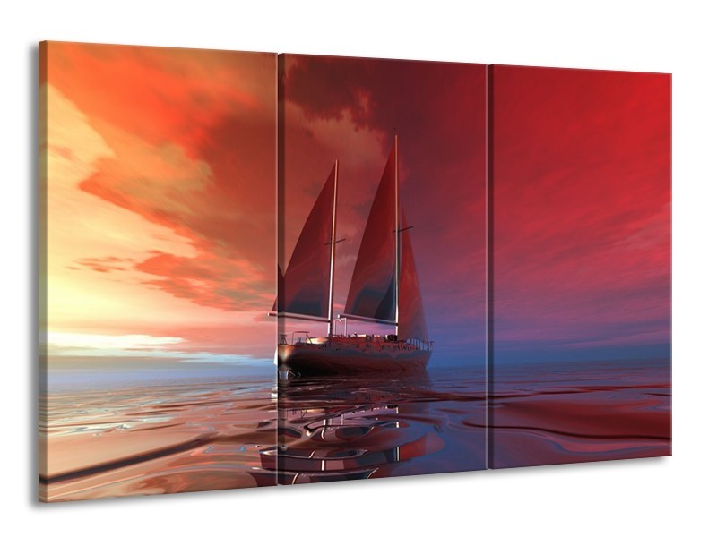 Canvas schilderij Zeilboot | Rood, Blauw, Geel | 165x100cm 3Luik