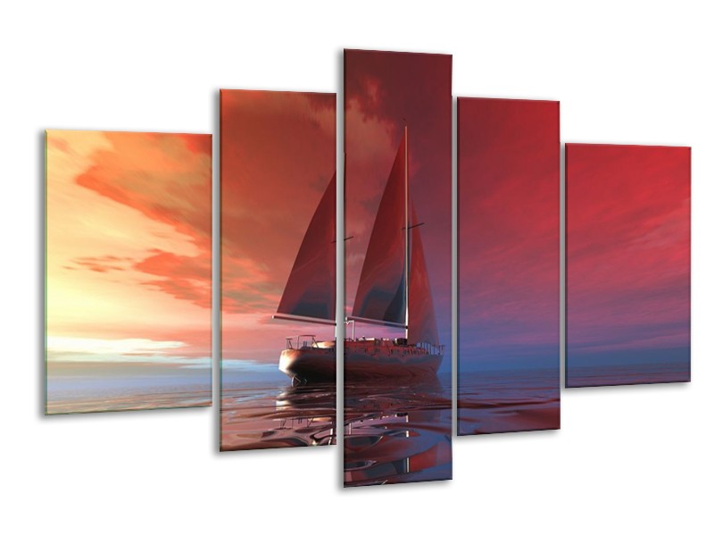 Canvas schilderij Zeilboot | Rood, Blauw, Geel | 170x100cm 5Luik