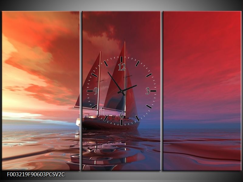 Klok schilderij Zeilboot | Rood, Blauw, Geel | 90x60cm 3Luik