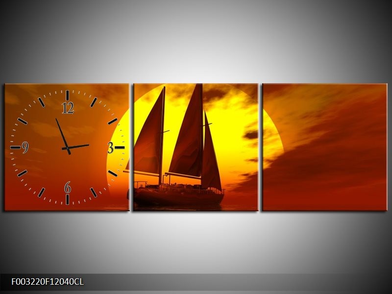 Klok schilderij Zeilboot | Geel, Rood, Bruin | 120x40cm 3Luik