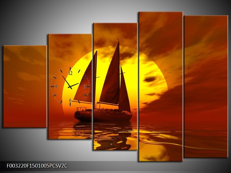 Klok schilderij Zeilboot | Geel, Rood, Bruin | 150x100cm 5Luik