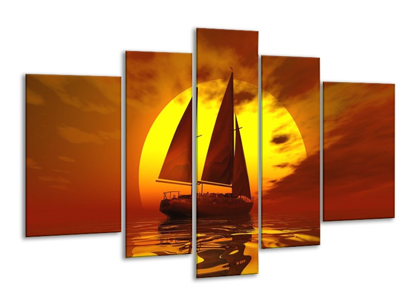 Glas schilderij Zeilboot | Geel, Rood, Bruin | 170x100cm 5Luik