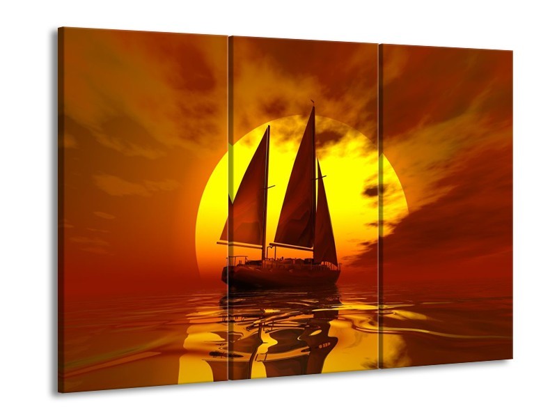 Canvas schilderij Zeilboot | Geel, Rood, Bruin | 90x60cm 3Luik