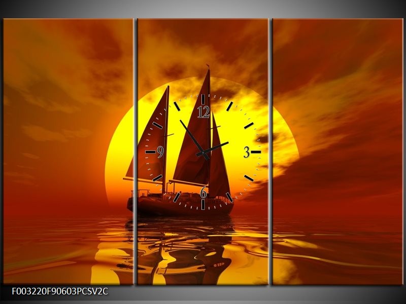 Klok schilderij Zeilboot | Geel, Rood, Bruin | 90x60cm 3Luik