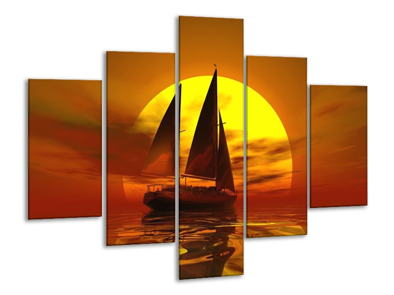 Canvas schilderij Zeilboot | Geel, Rood, Bruin | 100x70cm 5Luik