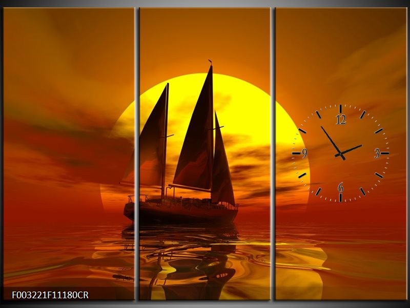 Klok schilderij Zeilboot | Geel, Rood, Bruin | 111x80cm 3Luik
