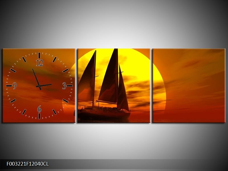 Klok schilderij Zeilboot | Geel, Rood, Bruin | 120x40cm 3Luik