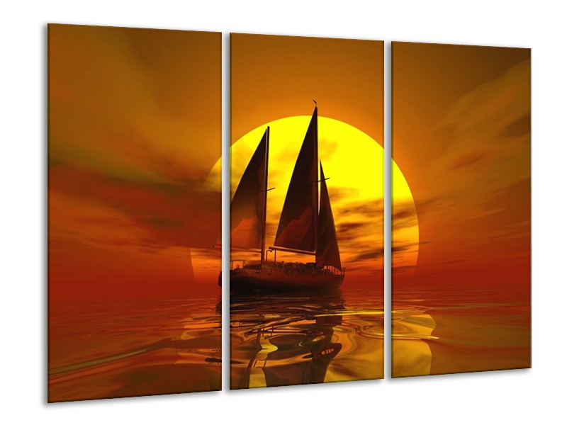 Canvas schilderij Zeilboot | Geel, Rood, Bruin | 120x80cm 3Luik