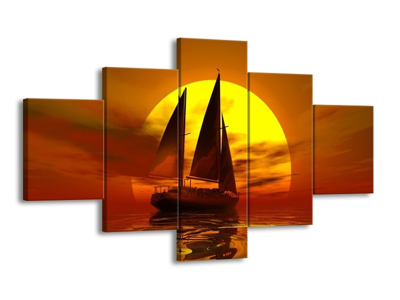 Glas schilderij Zeilboot | Geel, Rood, Bruin | 125x70cm 5Luik