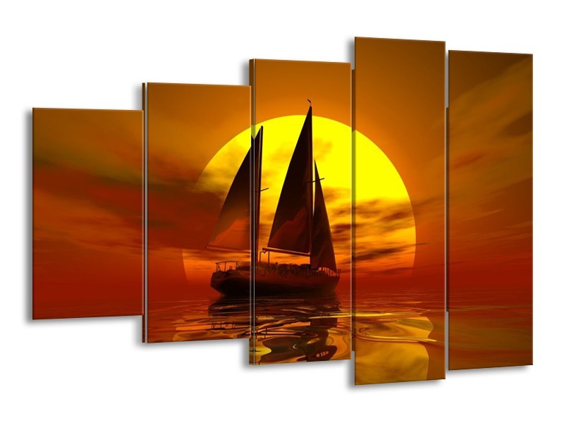 Canvas schilderij Zeilboot | Geel, Rood, Bruin | 150x100cm 5Luik
