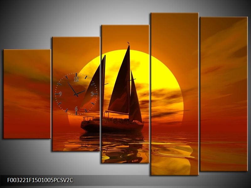 Klok schilderij Zeilboot | Geel, Rood, Bruin | 150x100cm 5Luik
