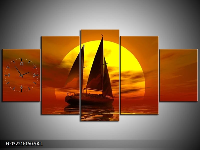 Klok schilderij Zeilboot | Geel, Rood, Bruin | 150x70cm 5Luik