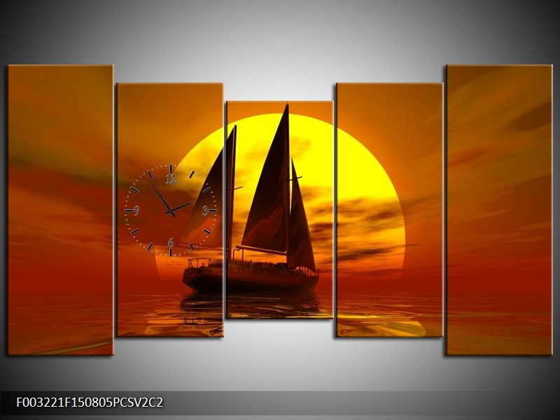 Klok schilderij Zeilboot | Geel, Rood, Bruin | 150x80cm 5Luik