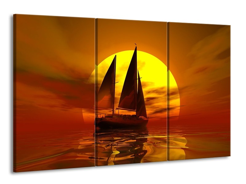 Canvas schilderij Zeilboot | Geel, Rood, Bruin | 165x100cm 3Luik