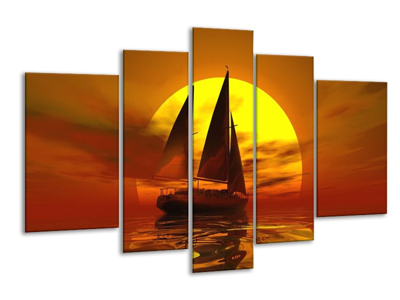 Canvas schilderij Zeilboot | Geel, Rood, Bruin | 170x100cm 5Luik