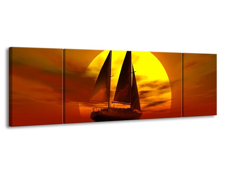 Glas schilderij Zeilboot | Geel, Rood, Bruin | 170x50cm 3Luik
