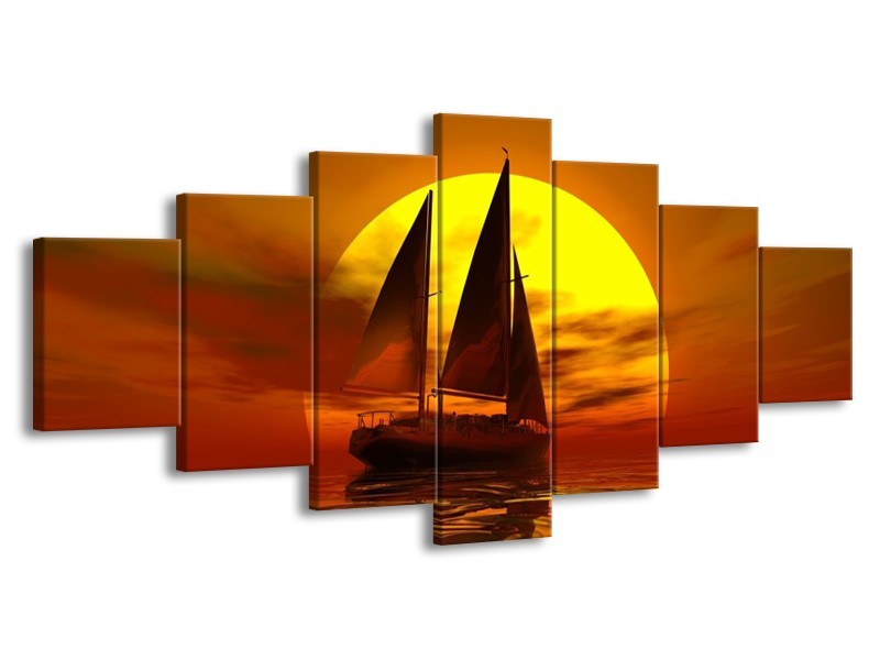 Canvas schilderij Zeilboot | Geel, Rood, Bruin | 210x100cm 7Luik