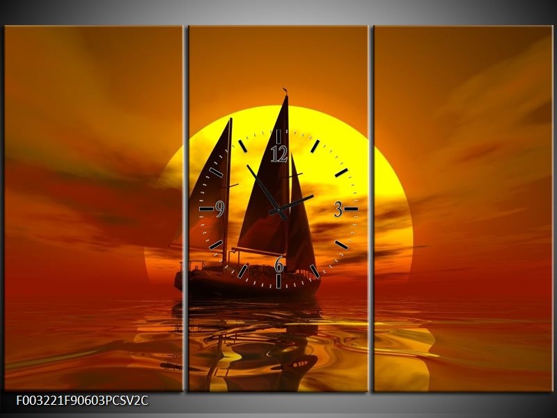 Klok schilderij Zeilboot | Geel, Rood, Bruin | 90x60cm 3Luik