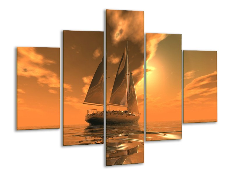Canvas schilderij Zeilboot | Bruin, Geel, Grijs | 100x70cm 5Luik