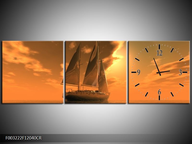 Klok schilderij Zeilboot | Bruin, Geel, Grijs | 120x40cm 3Luik
