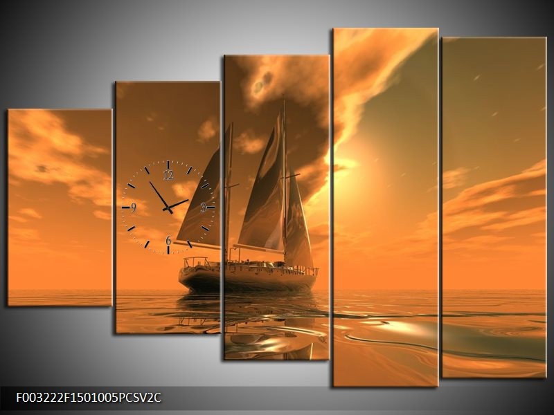 Klok schilderij Zeilboot | Bruin, Geel, Grijs | 150x100cm 5Luik