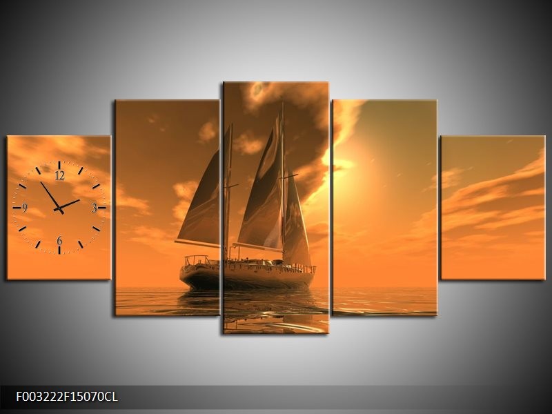 Klok schilderij Zeilboot | Bruin, Geel, Grijs | 150x70cm 5Luik