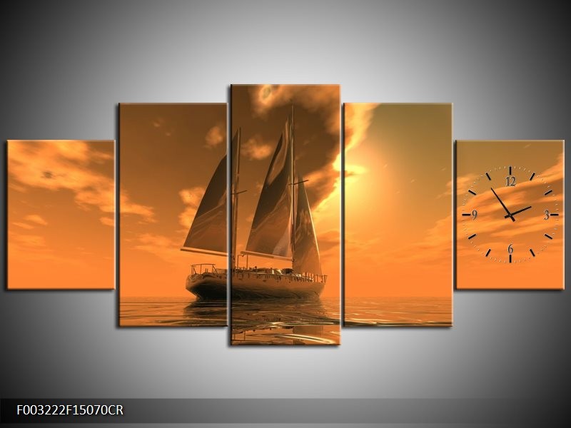 Klok schilderij Zeilboot | Bruin, Geel, Grijs | 150x70cm 5Luik