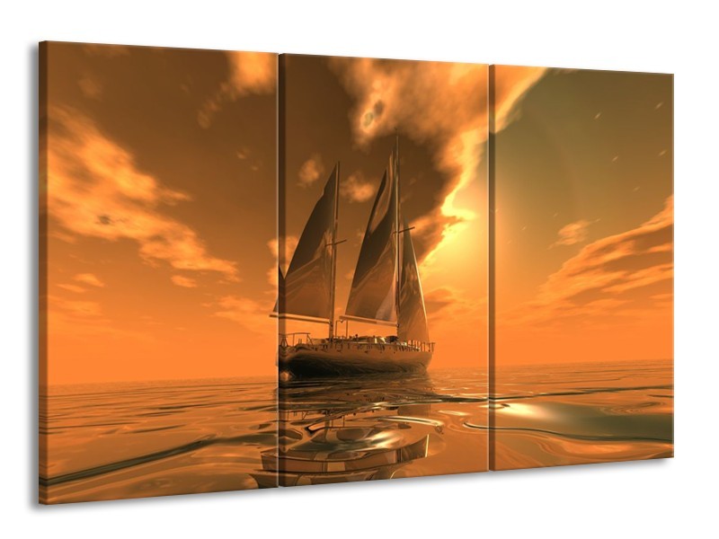 Canvas schilderij Zeilboot | Bruin, Geel, Grijs | 165x100cm 3Luik